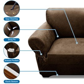 Pfrstuv Single Sofa Cover Leather Look Chair Covers for Living Room 1-Piece Sofa Chair Covers with Arms Stretch Furniture Protector with Elastic Bottom & Pockets(Armchair, Dark Brown)