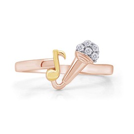 AFFY Round White Natural Diamond Accent Mic & Music Note Two Tone Ring 14k Rose Gold Over Sterling Silver