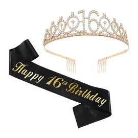 SINGOMON Sweet 16 Birthday Sash and Crown Set, Rhinestone Tiara with Black and Gold Party Decorations