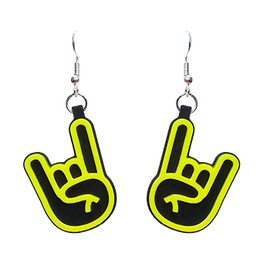 Devil Horns Earrings Silver Plated Fishhooks Yazzle Dazzle Black Yellow Raised Front Silhouette Back Handmade Handcrafted Hand Gesture Rock Heavy Metal