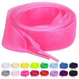 Booyckiy 2 Pair Flat Snow Yarn Shoe laces for Sneaker 2cm Wide Satin Ribbon ShoeLaces for Women Girls, Hot Pink 47inch(120cm)