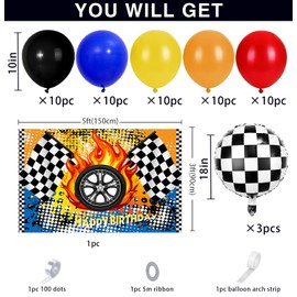Race Car Birthday Party Decorations Supplies 56 pcs Hot Cars Birthday Backdrop and Racing Red Blue Yellow Black Balloons Garland Arch Kit Checkered Foil Balloons for Boy Kid Cars Party