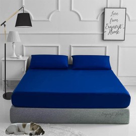 Fitted Bed Sheet With Matching FREE 2 X PILLOW CASE Plain Dyed Poly Cotton Percale Easy Care Bed Sheet Royal Blue Double
