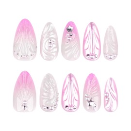 RUOKEXIN Almond Press on Nails Medium Fake Nails Pink Ombre False Nails with 3D Shell Water Drop Designs Pink Nail Press ons Sparkly Artificial Nails Cute Stick on Nails for Women 24Pcs