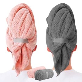 Jiakalamo 2 Pack Microfiber Hair Drying Towels, 100 x 60cm, Pink/Grey, Super Absorbent, Super Soft, Fast Drying Turbans for Long, Thick, Curly Hair - Anti Frizz Wrap with Elastic Strap