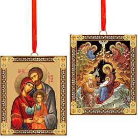 Nativity of Christ,Holy Family Christmas Ornaments Wooden 2 Sided Orthodox Icons Gold Foil 3 1/16 Inch, Christmas Decorations Religious Gifts for Him, Her, Set of 2