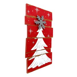 Christmas Tree Wooden Decor Rustic Wall Door Glittery Decoration Indoor Outdoor 15.5" x 9.5" (Red & White)