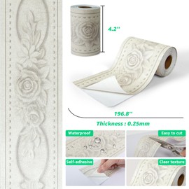 LONGKING Premium 5M Off White Flower Peel and Stick Border Wall Decal: Waterproof PVC Wallpaper Sticker for Kitchen & Bathroom, 196.8x4.2 in (Thickened)