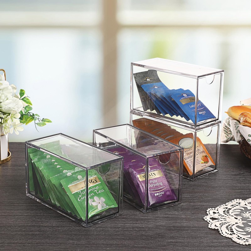 ELLDOO 4 Drawers Tea Bag Organizer, Clear Acrylic Stackable Tea