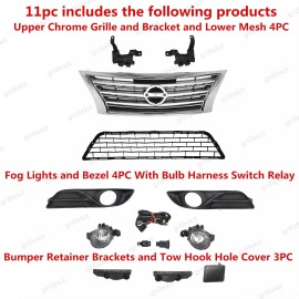 ROKY 11PC For Sentra 2013-2015 Front Chrome Grille Mesh Fog lights Bezel Brackets Kit
