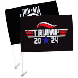 Trump Flag Top Trump 2024 Pro Gun Car Flags Pack with POW MIA Veterans Military Armed Forces Memorial Vehicle Auto Window Decor Bandera Outdoor Pole Accessories Gifts for Him, Made in USA