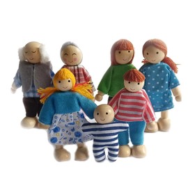 HYSTYLE 7 Pack Wooden Doll House with Family Dolls and Pretend Play Figures, Mini People Figures (Stripe People)