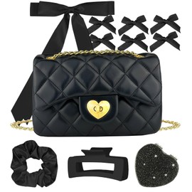 FortuneFlare Small Crossbody Bags for Women, Black Trendy Quilted Shoulder Handbag, Phone Clutch Purse for Teens with Hair Accessories Gift Set