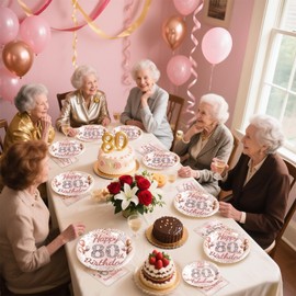 Grencian 96 Pcs 80th Birthday Party Supplies for Women Rose Gold 80 Years Old Paper Plates and Napkins Tableware Set Disposable 80th Birthday Decorations for Ladies Women 80 Years Old Party Serves 24