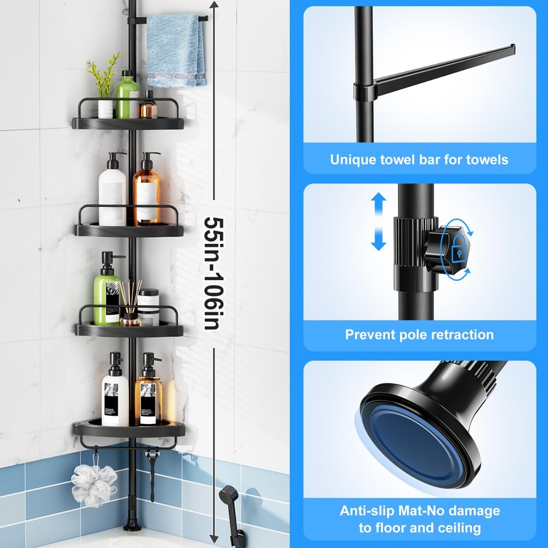 HAMITOR Corner Shower Caddy Tension Pole: Adjustable Stainless Steel Shower
