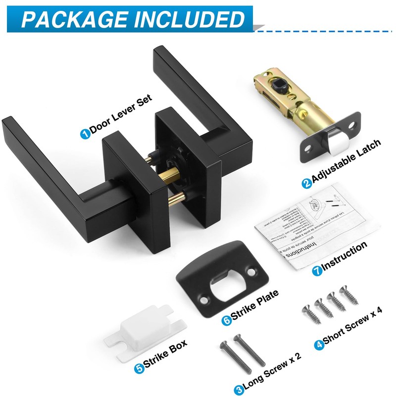 Plustool 6 Pack Matte Black Door Handles, Passage Door Levers