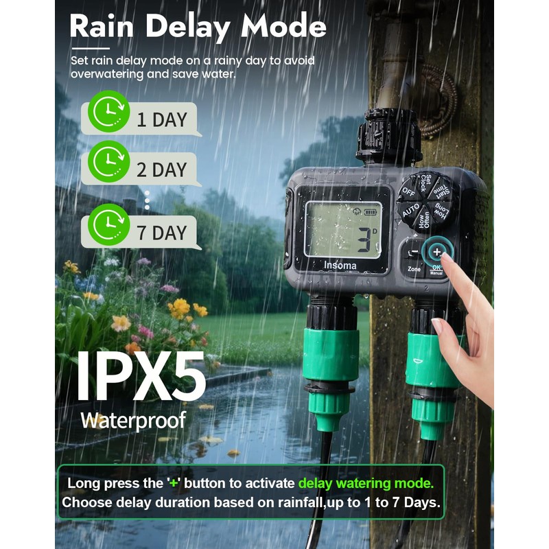 Insoma 2-Zone Sprinkler Timer, Programmable Garden Hose Timer with Auto/Manual/Rain