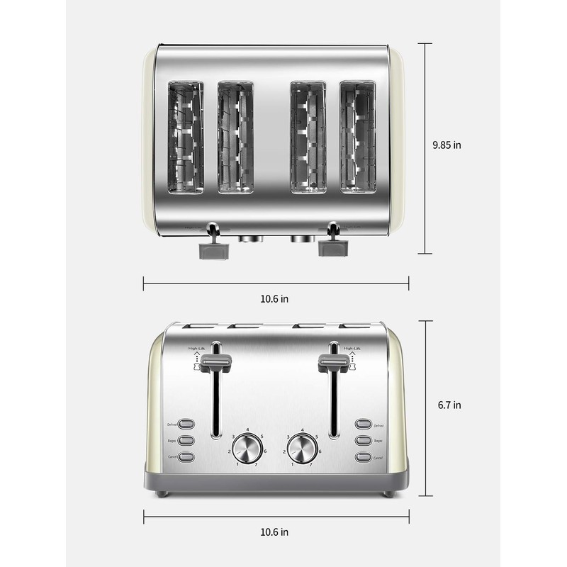 Toaster 4 Slice, Extra Wide Slots, Stainless Steel with High