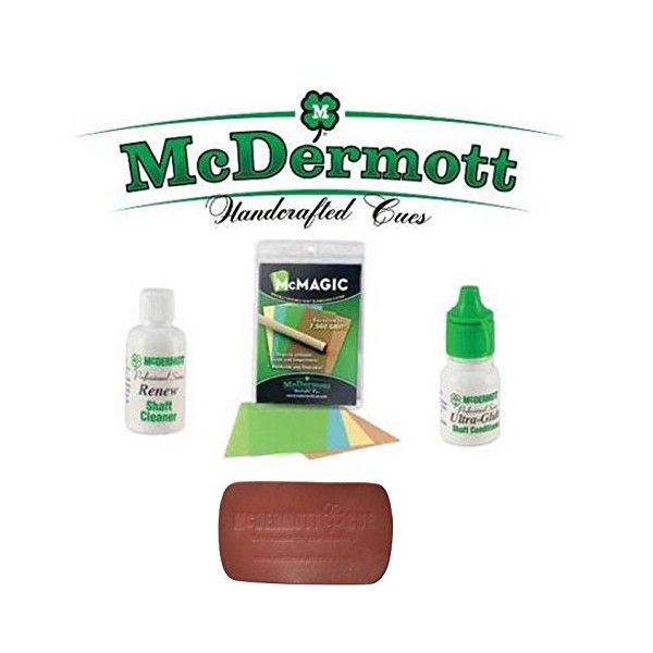 McDermott Billiards Pool Cue Shafts Maintenance Kit McMagic Micro Burnishing Papers + Ultra-Glide Shaft Conditioner + Renew Shaft Cleaner + Leather Pad Shaft Conditioner