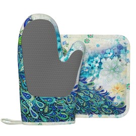 Peacocks and Flowers Oven Mitts and Pot Holders Set Heat Resistant Non-Slip Silicone Oven Mittens with Oven Gloves and Hot Pads Potholders for BBQ Kitchen Baking Cooking, Quilted Liner