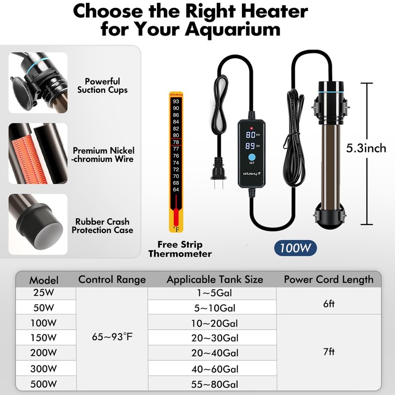 Orlushy 100W Submersible Aquarium Heater, Adjustable Fish Tank Heater with