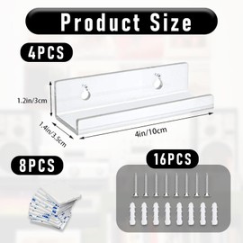 Pack of 4 Vinyl Record Wall Mounts, Vinyl Record Stands, Wall Mount, Transparent Acrylic Records, Plate Shelf with Screws for Records, Photo Album and Collectibles