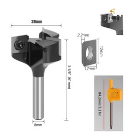 Sinoprotools Face Milling Cutter 8 mm Shank, 3-Sided Planer Cutter with Reversible Plates, 12 mm Carbide Blade, Diameter 39 mm, for Wood Cutters, CNC Milling Cutter for Wood