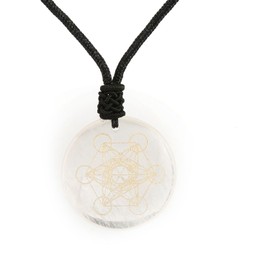 Ladeukoi Engraved Crystal Metatrone Pendant Necklace, Round Stone Healing Spiritual Amulet Positive Energy Meditation Adjustable Rope Chain 17-25 Inches, Stone Crystal