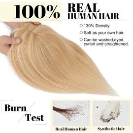 SEGO Hair Toppers for Women With Bangs Real Human Hair, 130% Density 10 * 12CM Silk Base Clip in Top Wiglet Hairpieces-6 Inch Ash Blonde&Bleach Blonde