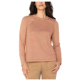 Liverpool Los Angeles Women's Long Sleeve Crew Neck Knit Top with Seaming, Ginger Spice Cream Stripe, Medium