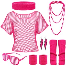 GWAWG 90s Women's Outfit, Mesh Top, Pink, Flashdance Party Set with Mesh Shirt, Leg Warmer, Necklace, Retro Costume for 80s/90s Theme Parties