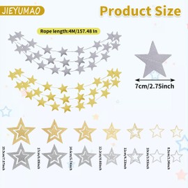 JIEYUMAO Star Garland, Star Banner with Hanging Twinkle Little Star, Gold Silver Hanging Star Decoration, Glitter Star Garland Banner Gold Star Garlands Decorations for Party Wedding