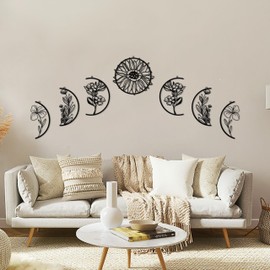 vinatimes 7Pcs Moon Phase Boho Metal Sign Wall Art Home Decor, Black Metal Wall Decor for Living Room, Bedroom, Modern Farmhouse Aesthetic Floral Wall Decor MT-W7-DE-MP