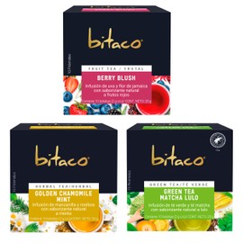 Bitaco | Pack de 3 cajas de Té Frutal Berry Blush + Té Verde Matcha + Té Herbal Manzanilla-Menta| 30 bolsitas