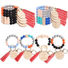 Faccito 12 Pcs Inspirational Keychain Bracelet with Tassel Beaded Motivational Quote Wristlet Keyring for Nurse Grad Gift(Bright Color)