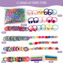 1221 Pcs Elastic Hair Bands Ties, Cartoon Hair Clip/Band Set with Organiser for Little Girls, Multi-colored Girls Hair Accessories Set for Thick Hair & Thin