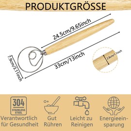 Danish Whisk, 13 Inch Premium Stainless Steel Bread Mixer Whisk, Wooden Handle Tool for Kitchen, High-Quality Stirring Rod for Bread Dough, Pastry or Pizza Dough