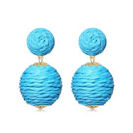 NVENF Rattan Earrings for Women Summer Earrings Raffia Ball Dangle Earrings Colorful Rattan Drop Earrings Summer Beach Gift (Blue)