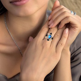 HAIXIAN 14K Yellow Gold Plated Moonstone Cubic Zirconias Ring for Women,Cocktail Party Multi Gem Stone Crystal Turkey Ring Jewelry (Ring_A, 9)