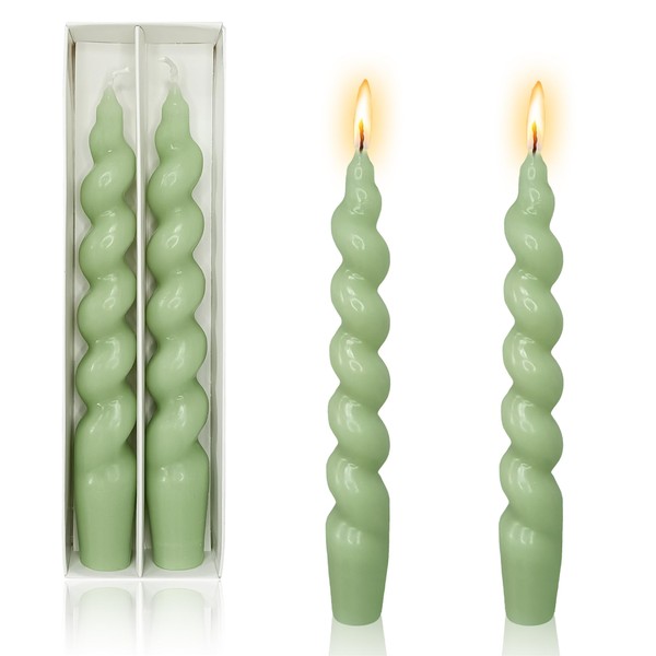 Taper Candle Green Spiral Candlesticks - 7INCH Short Tapered Candles Twisted Candlesticks Unscented Candle Sticks for Holiday Wedding Party Dinner Table Decoration, 2pcs