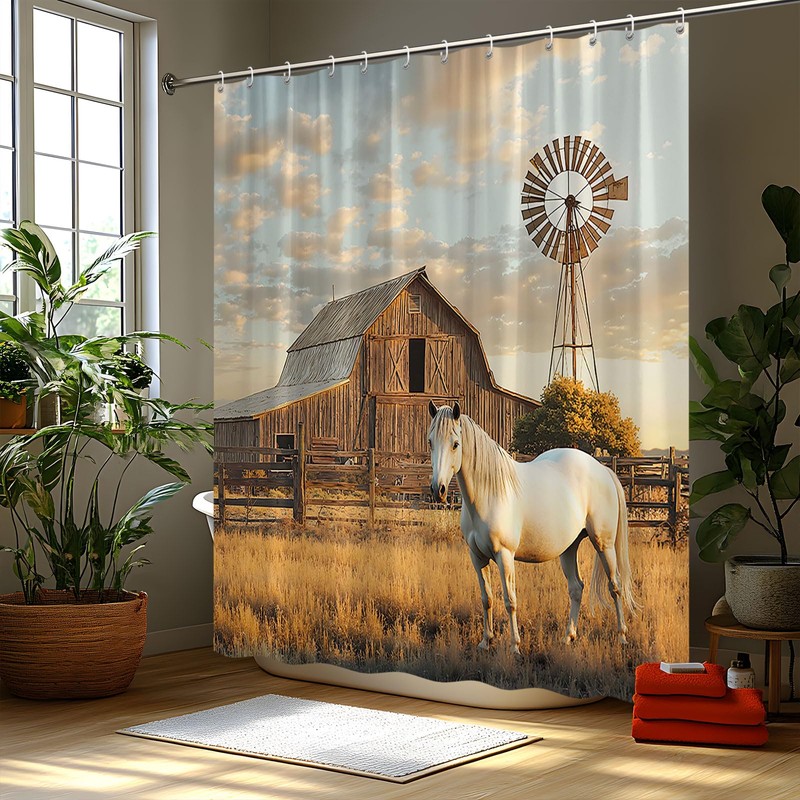 FAXTOZ Fall Horse Shower Curtain Rustic Farm Animal Retro Barn