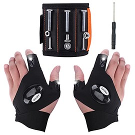 Magnetic Wristband with LED Flashlight Gloves, 15 Strong Magnets Tool Belt and Fingerless Outdoor Light Gloves for Working Cool Gifts for Dad, DIY Handyman, Husband, Boyfriend Tool Gadgets for Men