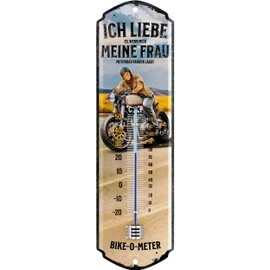 LANOLU Retro Blechschild MOTORRADFAHRER THERMOMETER Ich Liebe meine Frau Motorrad Geschenke für Männer Biker Geschenk - lustige Sprüche Schild für Werkstatt und Garage 8x28cm