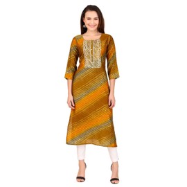 ladyline Knee Length Tunic Kurti Leheriya Printed Gold Zari Embroidered Kurta Top (RPEK SHDG1090) (48/ Mustard)
