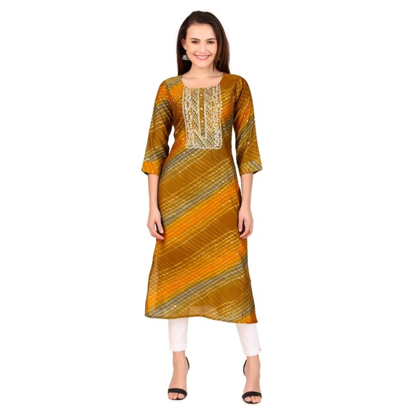 ladyline Knee Length Tunic Kurti Leheriya Printed Gold Zari Embroidered