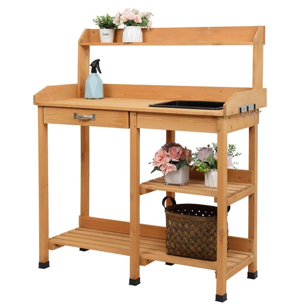 VINGLI Wood Garden Potting Bench Table with Removable Sink Drawer Rack Shelves and Hooks for Gardening Supplies (39 x 18 x 47in)