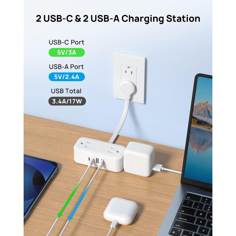 TROND Outlet Extender with 6 Inch Cord, Flat Plug Adapter
