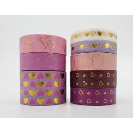 Valentines Day Washi Tapes (Gold Metallic Hearts washi Tapes Set of 7rolls.)