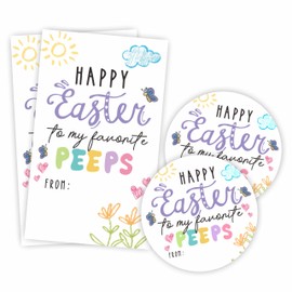Happy Easter Sticker Kit - Happy Easter To My Favorite Peeps - 20 Round Sealing Label & 20 Gift Tags - Spring Paintings Style Gift Wrapping Sticker Set For Kids, Teacher, Party Favor & Decorations-A09