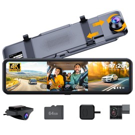 Martalk 3 Channel Mirror Dash Cam with Front 4K, in-Cabin & Rear 1080P Cameras, Enhanced Night Vision, G-Sensor & Parking Monitor, 64GB Card Included, Triple Rear View Mirror Camera for Cars & Trucks